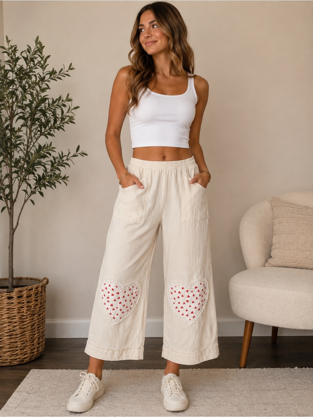 Women's Cream Wide-Leg Heart Patch Pants